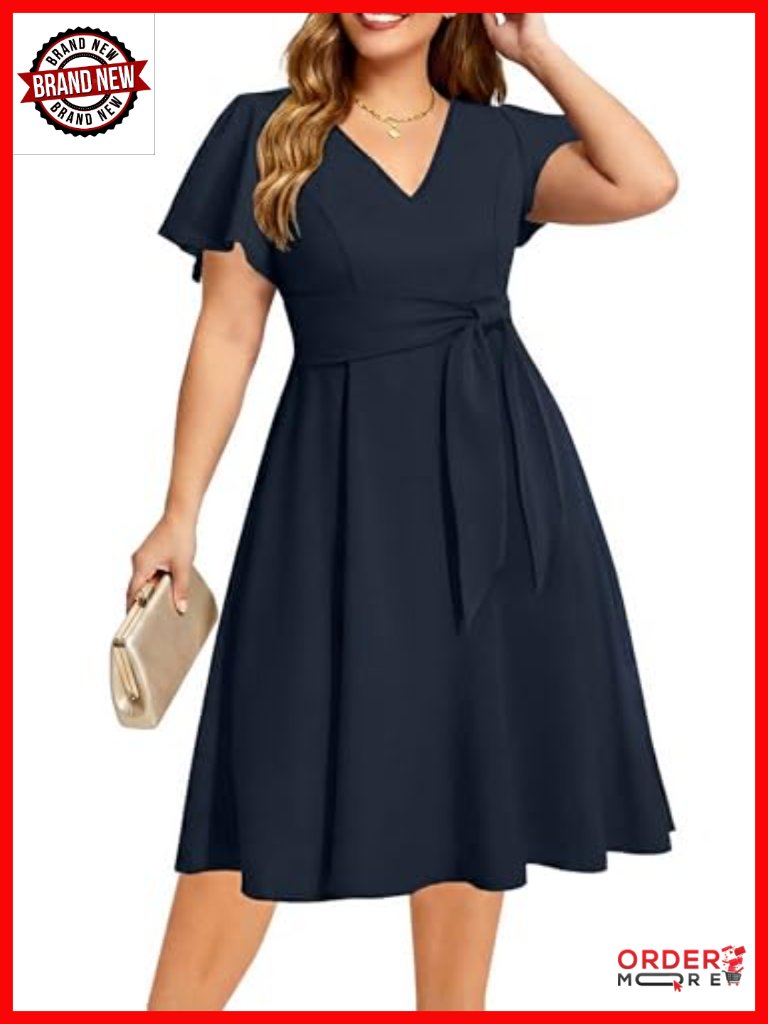 Plus Size V-Neck A-Line Midi Cocktail Dress With Waist Belt